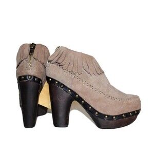 FLOGG Davina Suede Fringe Platform Clog Taupe Neutral Boho Western Size 8